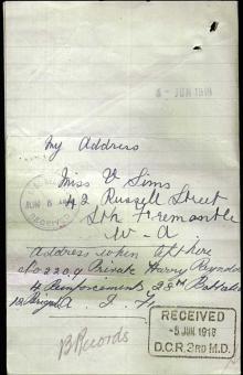 letter sent to the Australian Army from Harry's 'fiancee