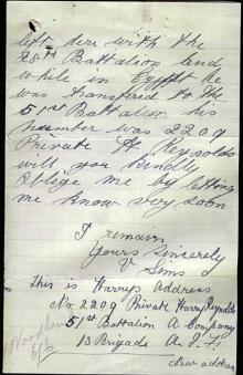letter sent to the Australian Army from Harry's 'fiancee